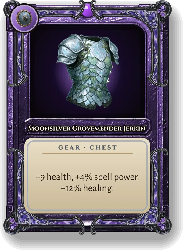 Moonsilver Grovemender Jerkin: +9 health, +4% spell power, +12% healing.