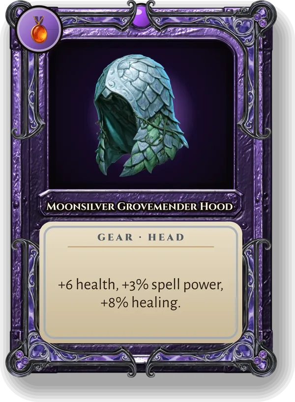 Moonsilver Grovemender Hood: +6 health, +3% spell power, +8% healing.