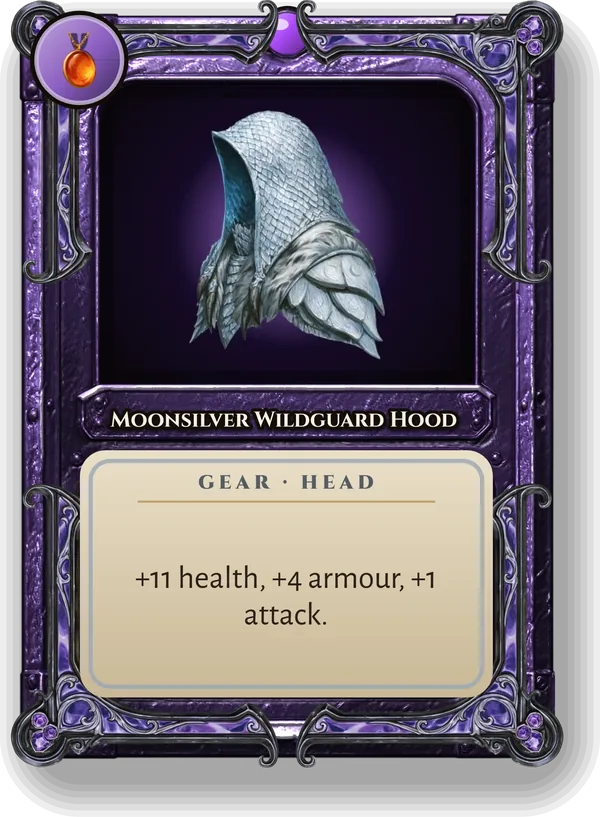 Moonsilver Wildguard Hood: +11 health, +4 armour, +1 attack.