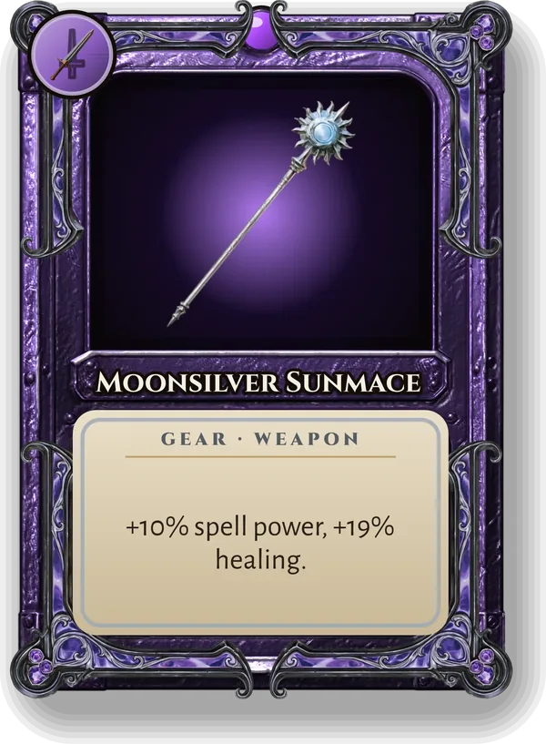 Moonsilver Sunmace: +10% spell power, +19% healing.