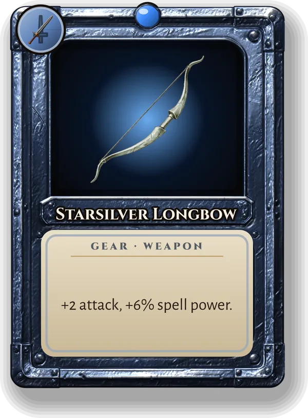 Starsilver Longbow: +2 attack, +6% spell power.