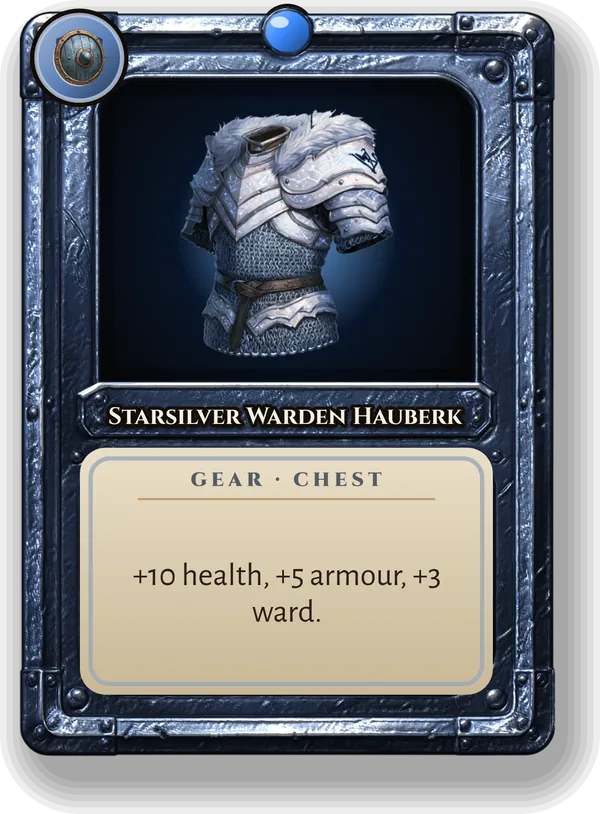 Starsilver Warden Hauberk: +10 health, +5 armour, +3 ward.