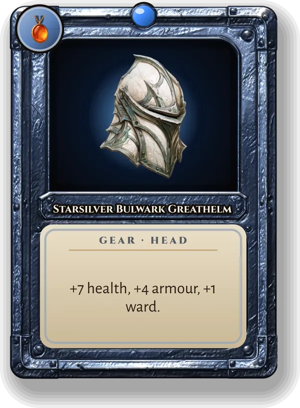 Starsilver Bulwark Greathelm: +7 health, +4 armour, +1 ward.