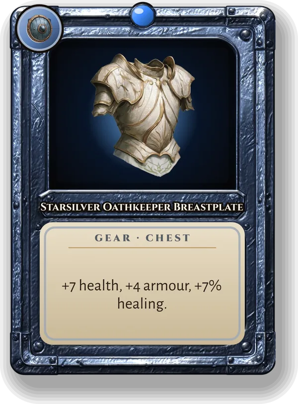 Starsilver Oathkeeper Breastplate: +7 health, +4 armour, +7% healing.