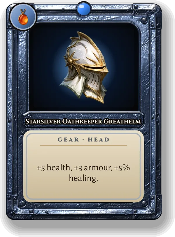 Starsilver Oathkeeper Greathelm: +5 health, +3 armour, +5% healing.