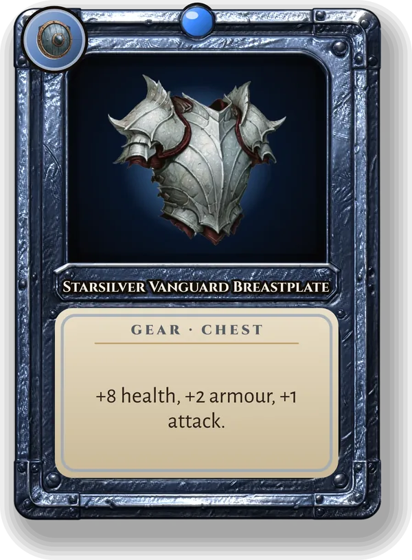 Starsilver Vanguard Breastplate: +8 health, +2 armour, +1 attack.