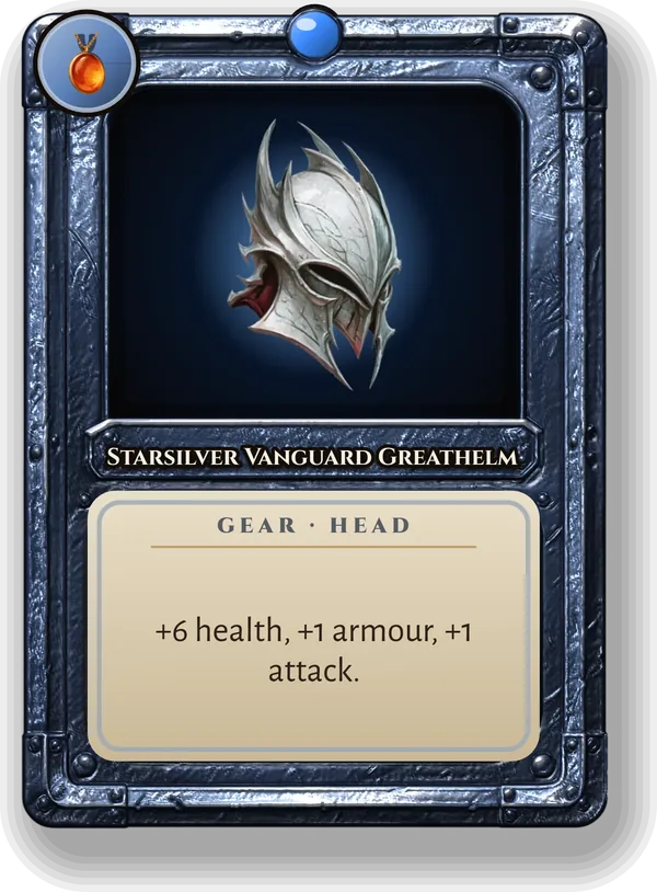 Starsilver Vanguard Greathelm: +6 health, +1 armour, +1 attack.