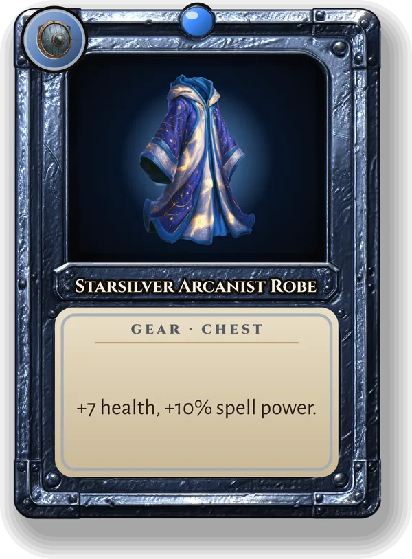Starsilver Arcanist Robe: +7 health, +10% spell power.