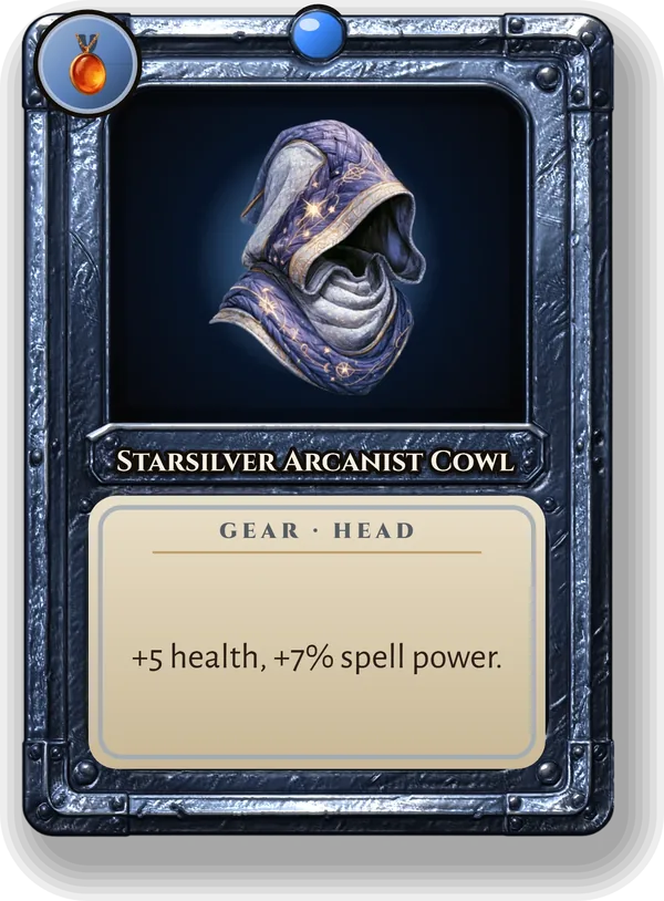 Starsilver Arcanist Cowl: +5 health, +7% spell power.