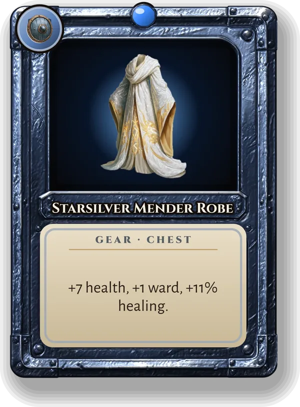 Starsilver Mender Robe: +7 health, +1 ward, +11% healing.