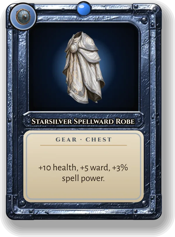 Starsilver Spellward Robe: +10 health, +5 ward, +3% spell power.