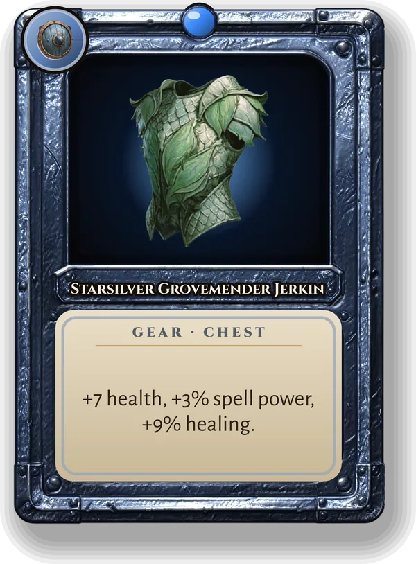 Starsilver Grovemender Jerkin: +7 health, +3% spell power, +9% healing.