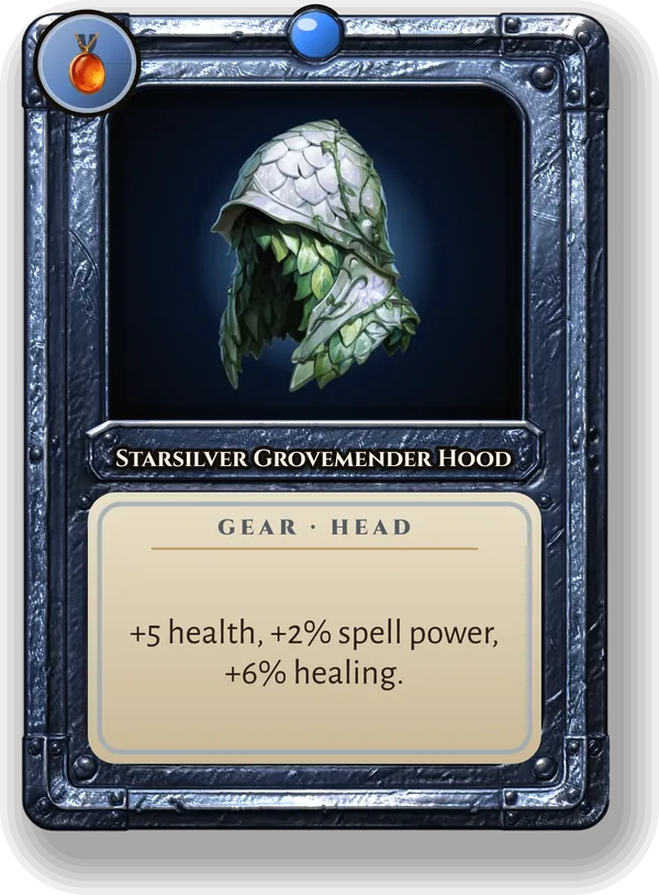 Starsilver Grovemender Hood: +5 health, +2% spell power, +6% healing.