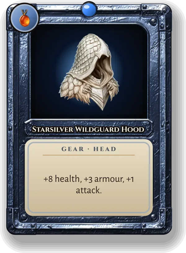 Starsilver Wildguard Hood: +8 health, +3 armour, +1 attack.