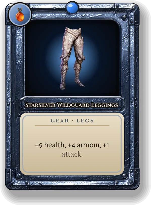 Starsilver Wildguard Leggings: +9 health, +4 armour, +1 attack.