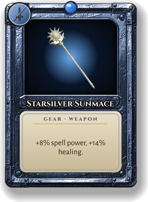 Starsilver Sunmace: +8% spell power, +14% healing.
