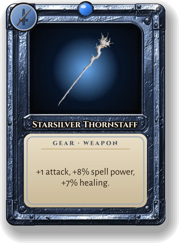 Starsilver Thornstaff: +1 attack, +8% spell power, +7% healing.