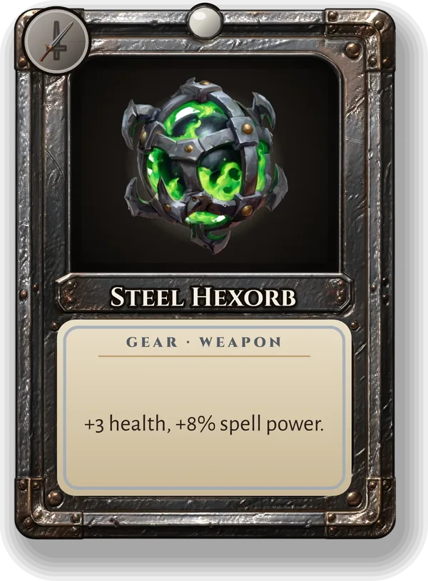 Steel Hexorb: +3 health, +8% spell power.