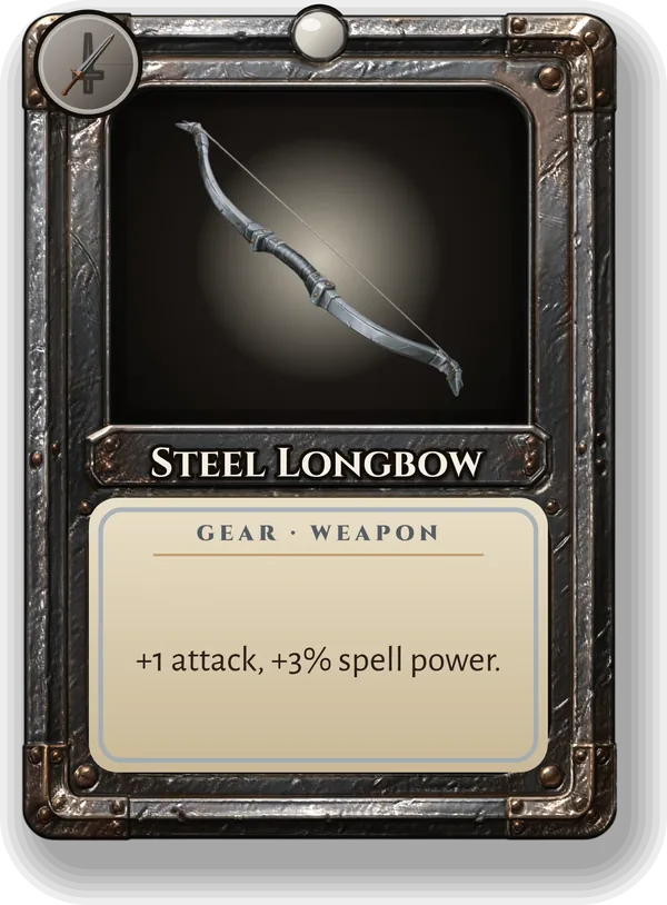 Steel Longbow: +1 attack, +3% spell power.