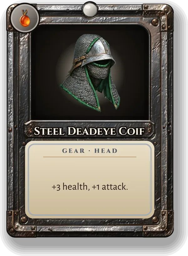 Steel Deadeye Coif: +3 health, +1 attack.