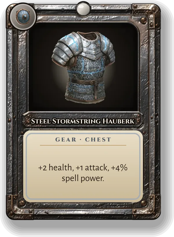 Steel Stormstring Hauberk: +2 health, +1 attack, +4% spell power.