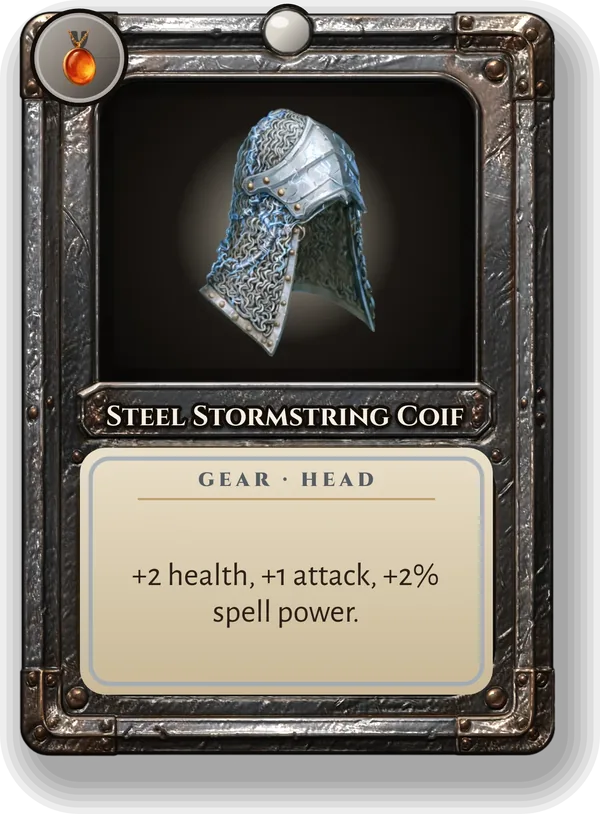Steel Stormstring Coif: +2 health, +1 attack, +2% spell power.