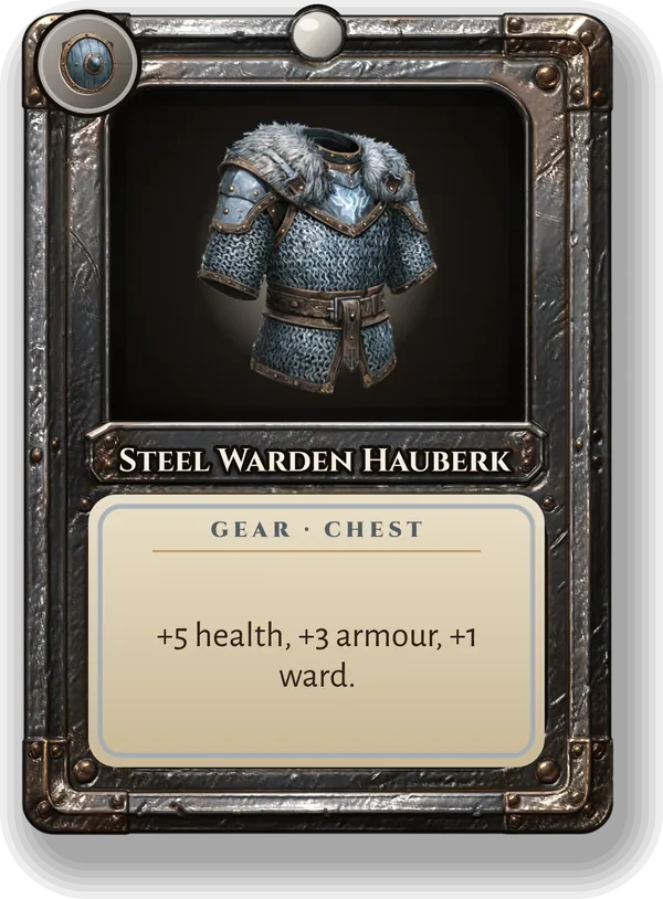 Steel Warden Hauberk: +5 health, +3 armour, +1 ward.