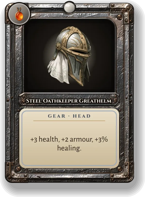 Steel Oathkeeper Greathelm: +3 health, +2 armour, +3% healing.
