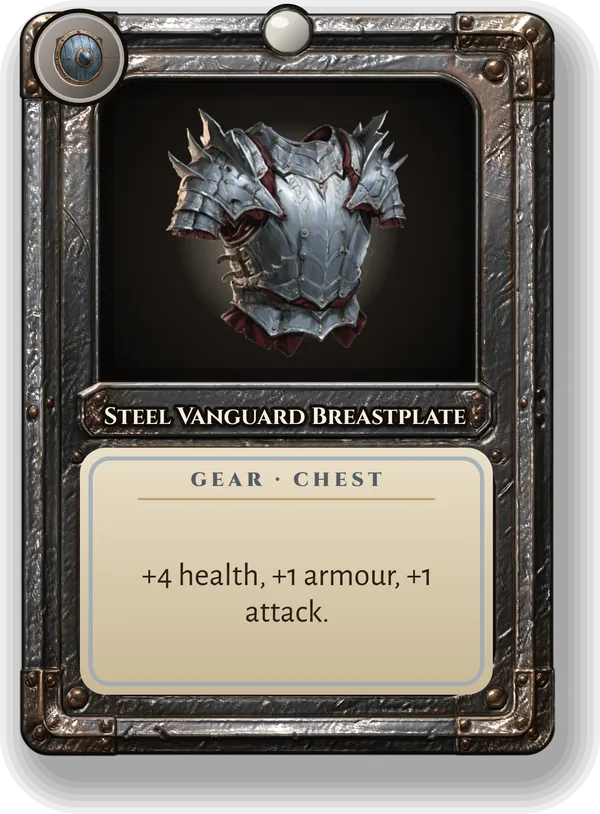 Steel Vanguard Breastplate: +4 health, +1 armour, +1 attack.