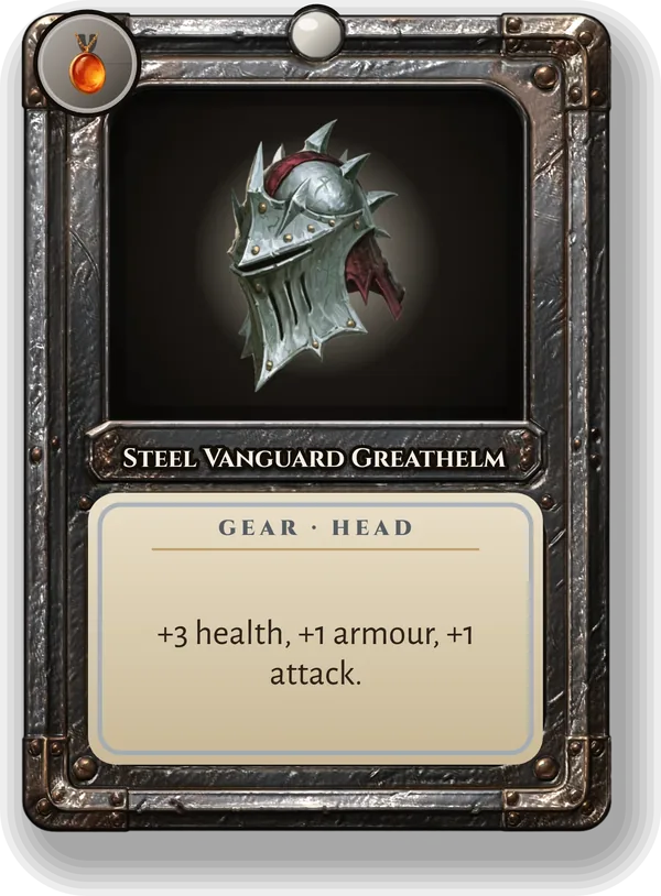 Steel Vanguard Greathelm: +3 health, +1 armour, +1 attack.