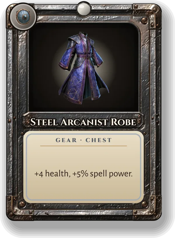 Steel Arcanist Robe: +4 health, +5% spell power.