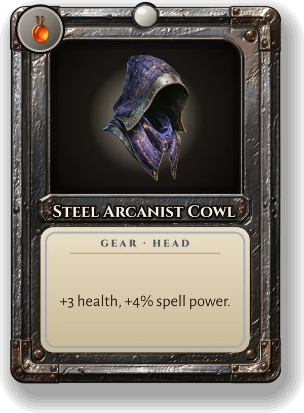 Steel Arcanist Cowl: +3 health, +4% spell power.