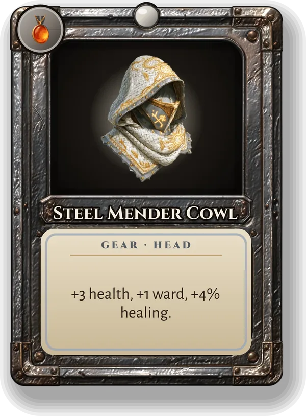 Steel Mender Cowl: +3 health, +1 ward, +4% healing.