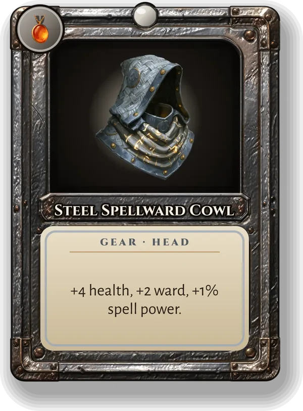 Steel Spellward Cowl: +4 health, +2 ward, +1% spell power.