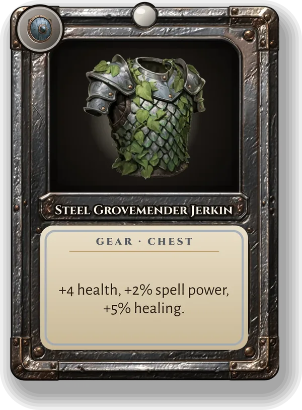 Steel Grovemender Jerkin: +4 health, +2% spell power, +5% healing.
