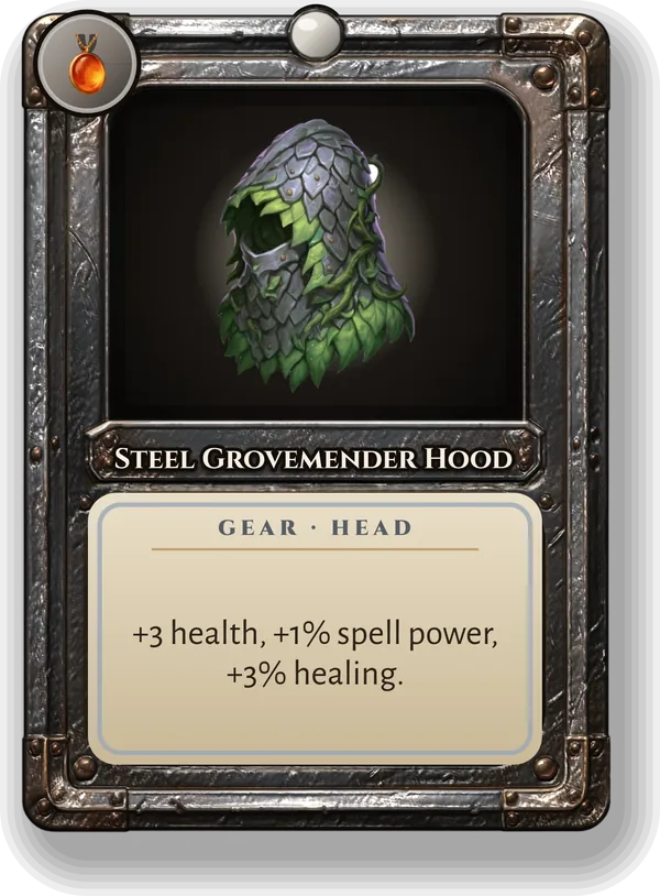 Steel Grovemender Hood: +3 health, +1% spell power, +3% healing.