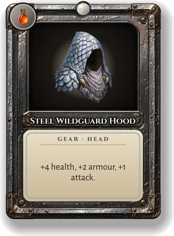 Steel Wildguard Hood: +4 health, +2 armour, +1 attack.