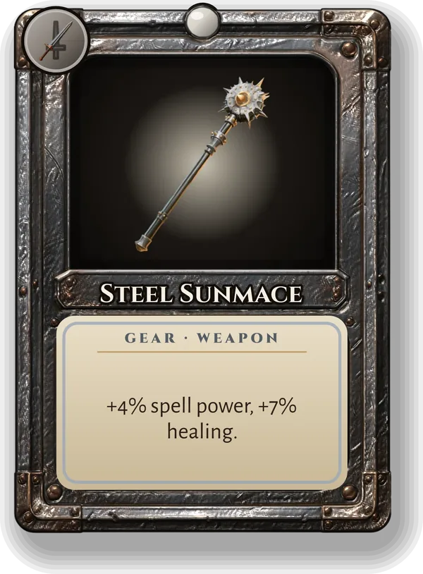 Steel Sunmace: +4% spell power, +7% healing.