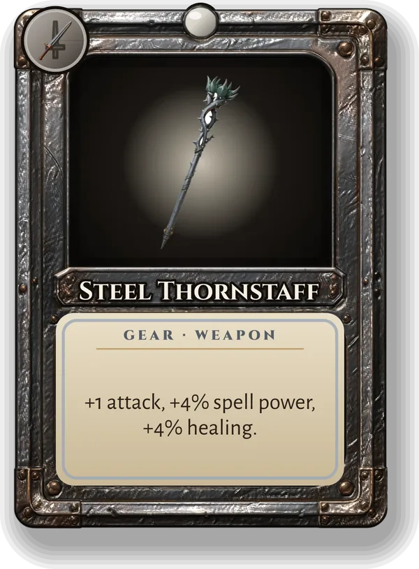 Steel Thornstaff: +1 attack, +4% spell power, +4% healing.