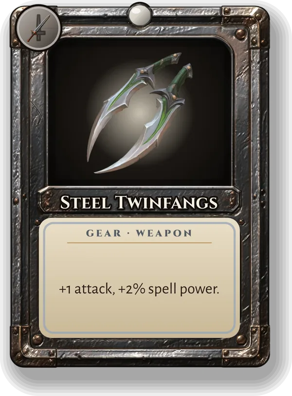 Steel Twinfangs: +1 attack, +2% spell power.