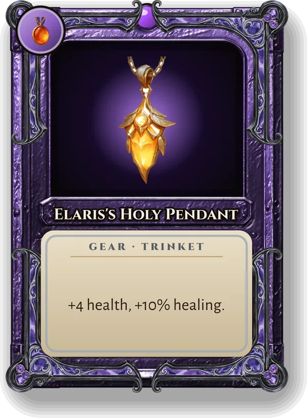 Elaris's Holy Pendant: +4 health, +10% healing.